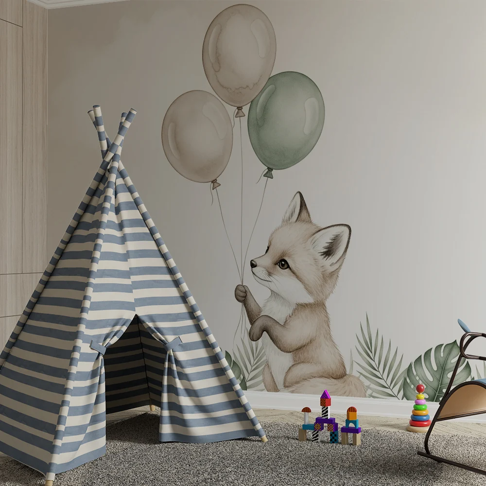 Papel de parede quarto bebê | Simpático raposinho com balões