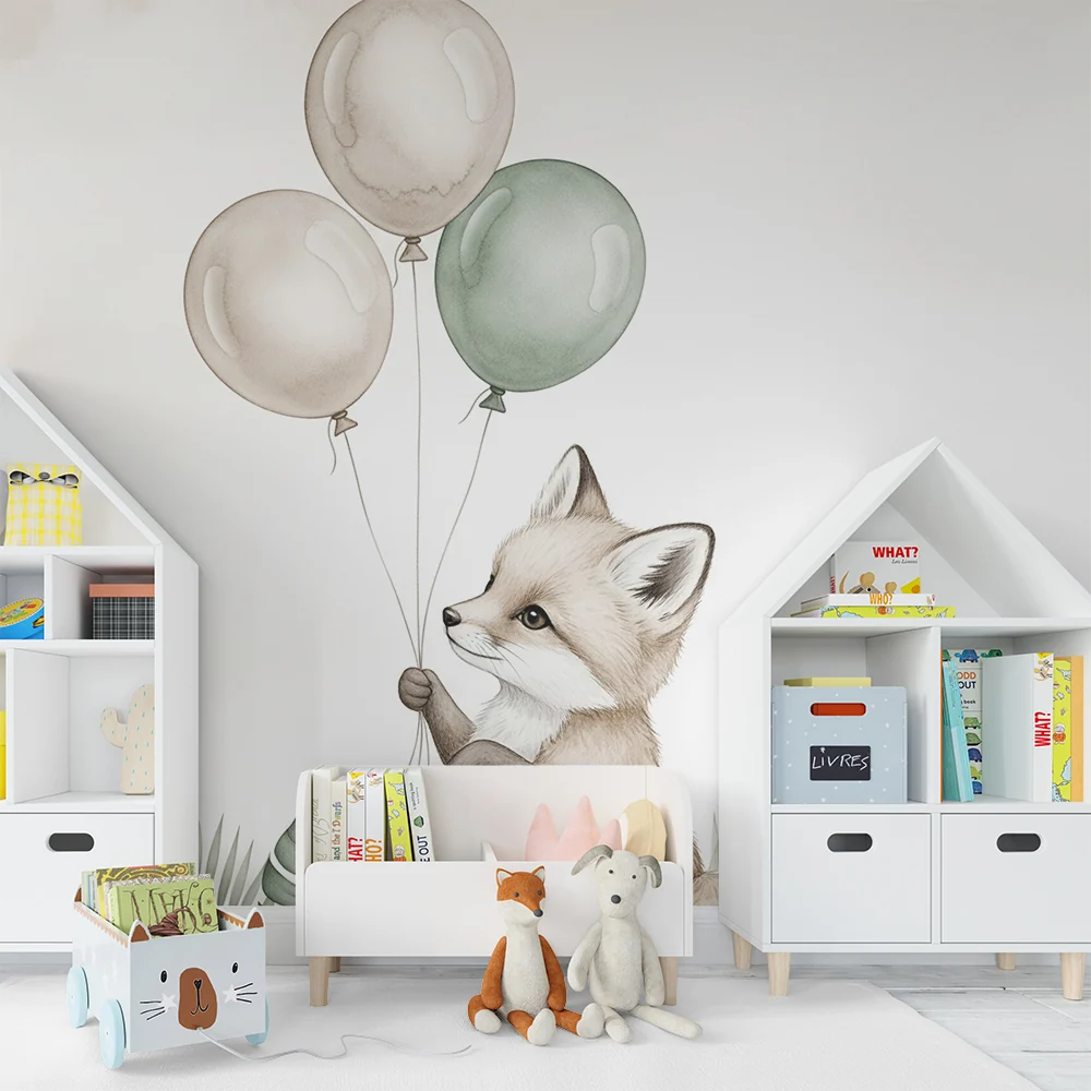 Papel de parede quarto bebê | Simpático raposinho com balões