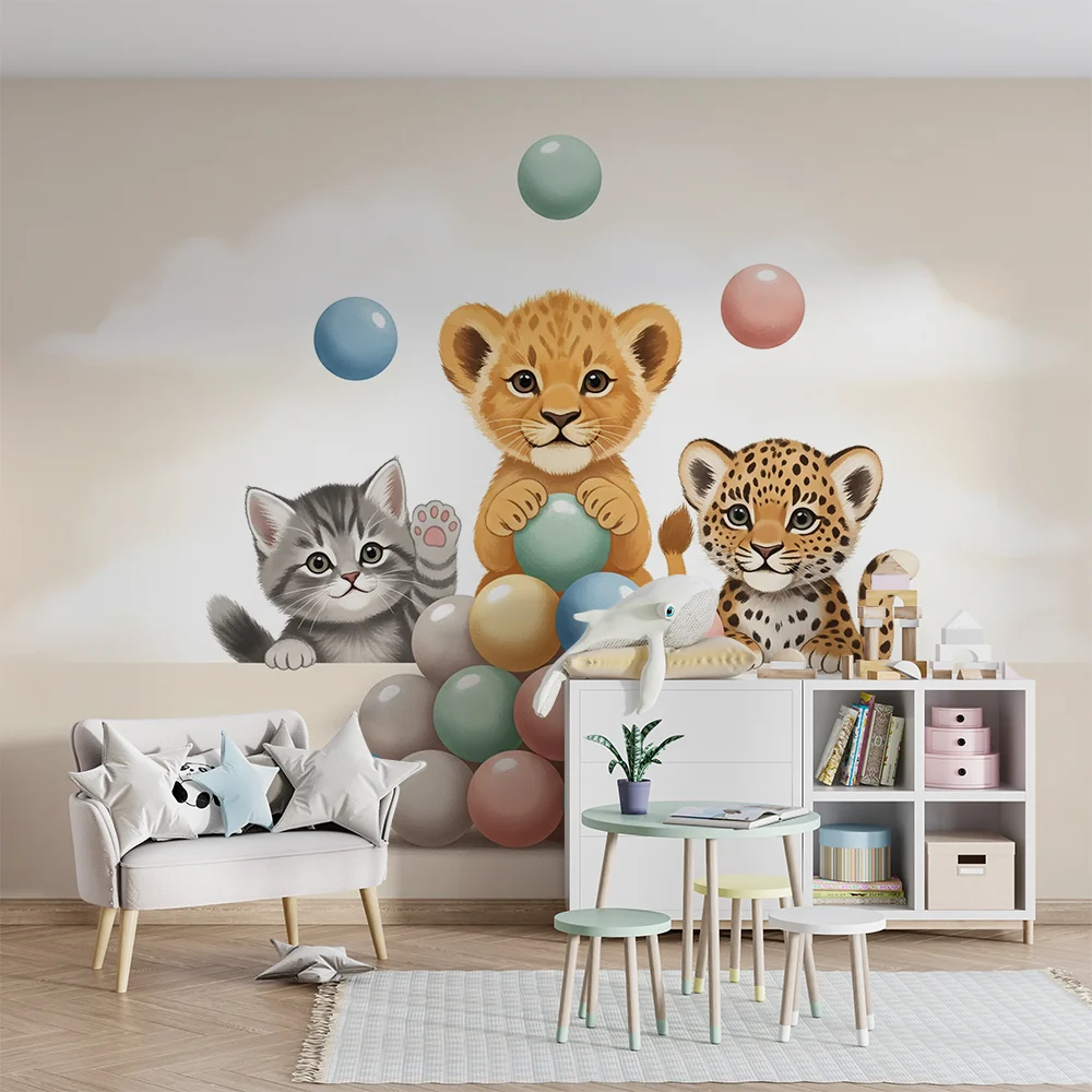 Papel de parede quarto bebê | Simpáticos animais brincar com bolas coloridas