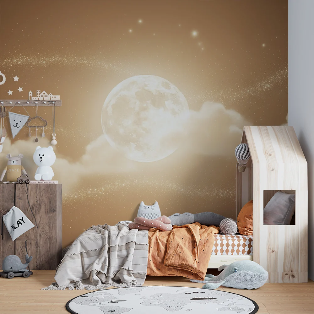 Papel de parede quarto bebê | Sjajni mjesec i zvjezdani oblaci na nježnom nebu