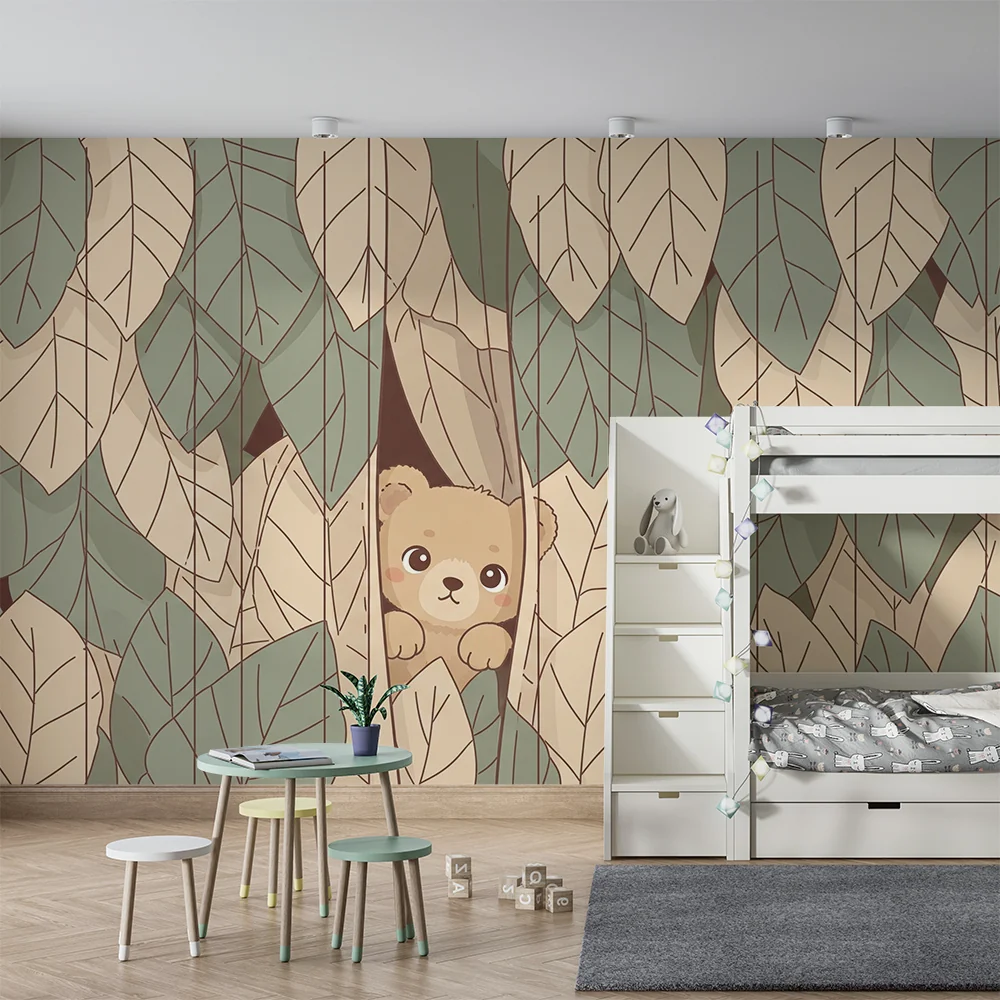 Papel de parede quarto bebê | Skriveni medvjedić među lišćem