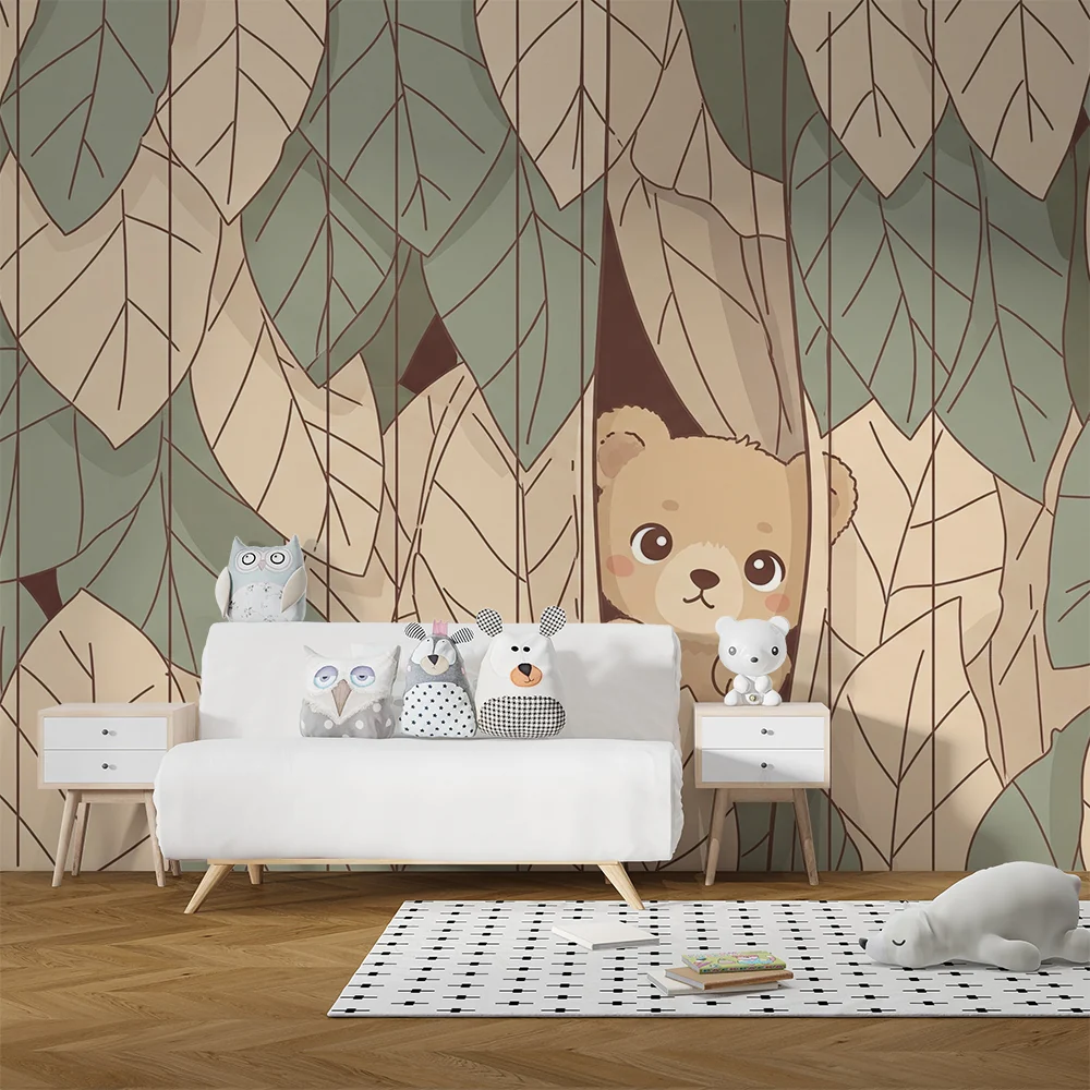 Papel de parede quarto bebê | Skriveni medvjedić među lišćem