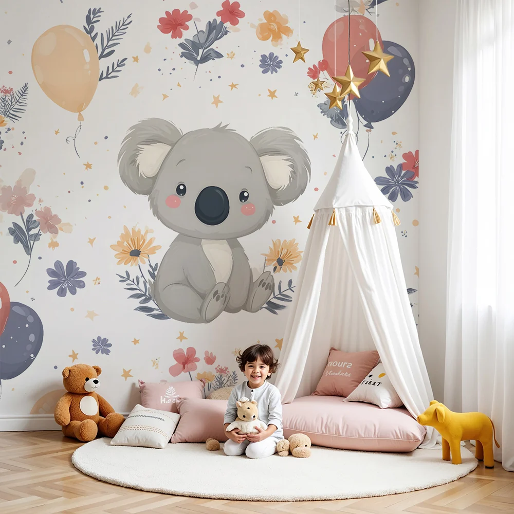 Papel de parede quarto bebê | Sladak koala i šareni baloni