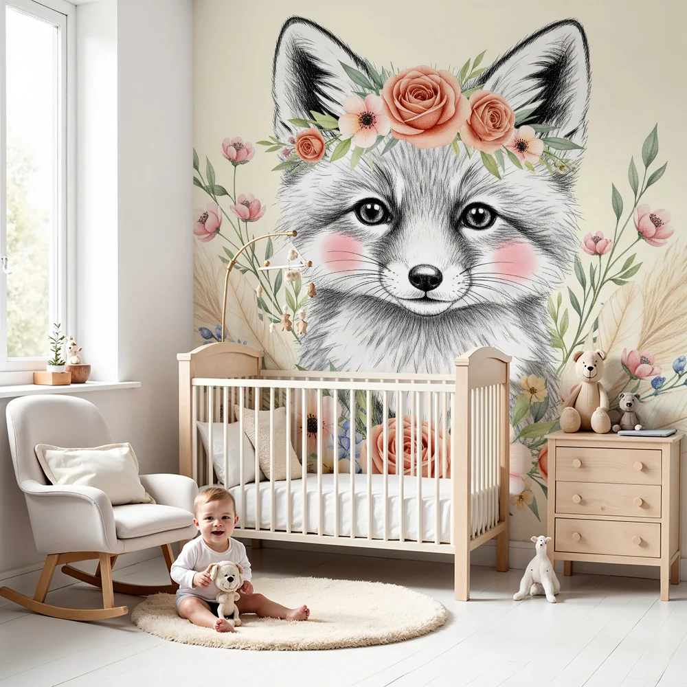 Papel de parede quarto bebê | Sladak lis i nježni cvjetovi