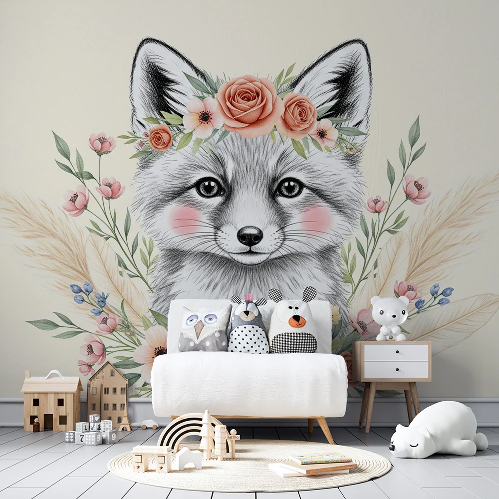 Papel de parede quarto bebê | Sladak lis i nježni cvjetovi
