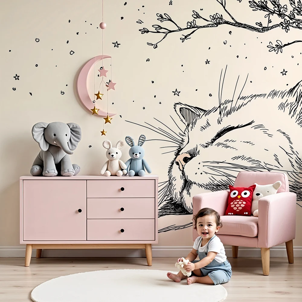 Papel de parede quarto bebê | Sladak mačić spava ispod zvijezda