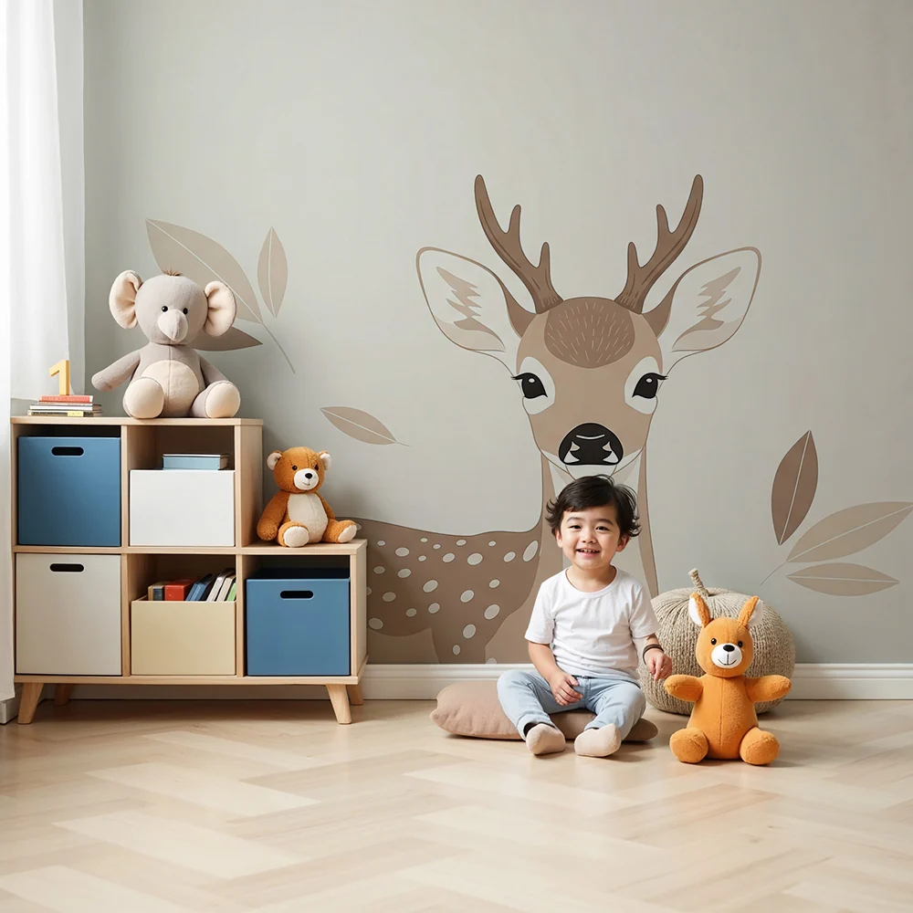Papel de parede quarto bebê | Sladak mali jelen s nježnim lišćem