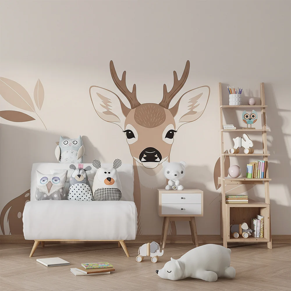 Papel de parede quarto bebê | Sladak mali jelen s nježnim lišćem