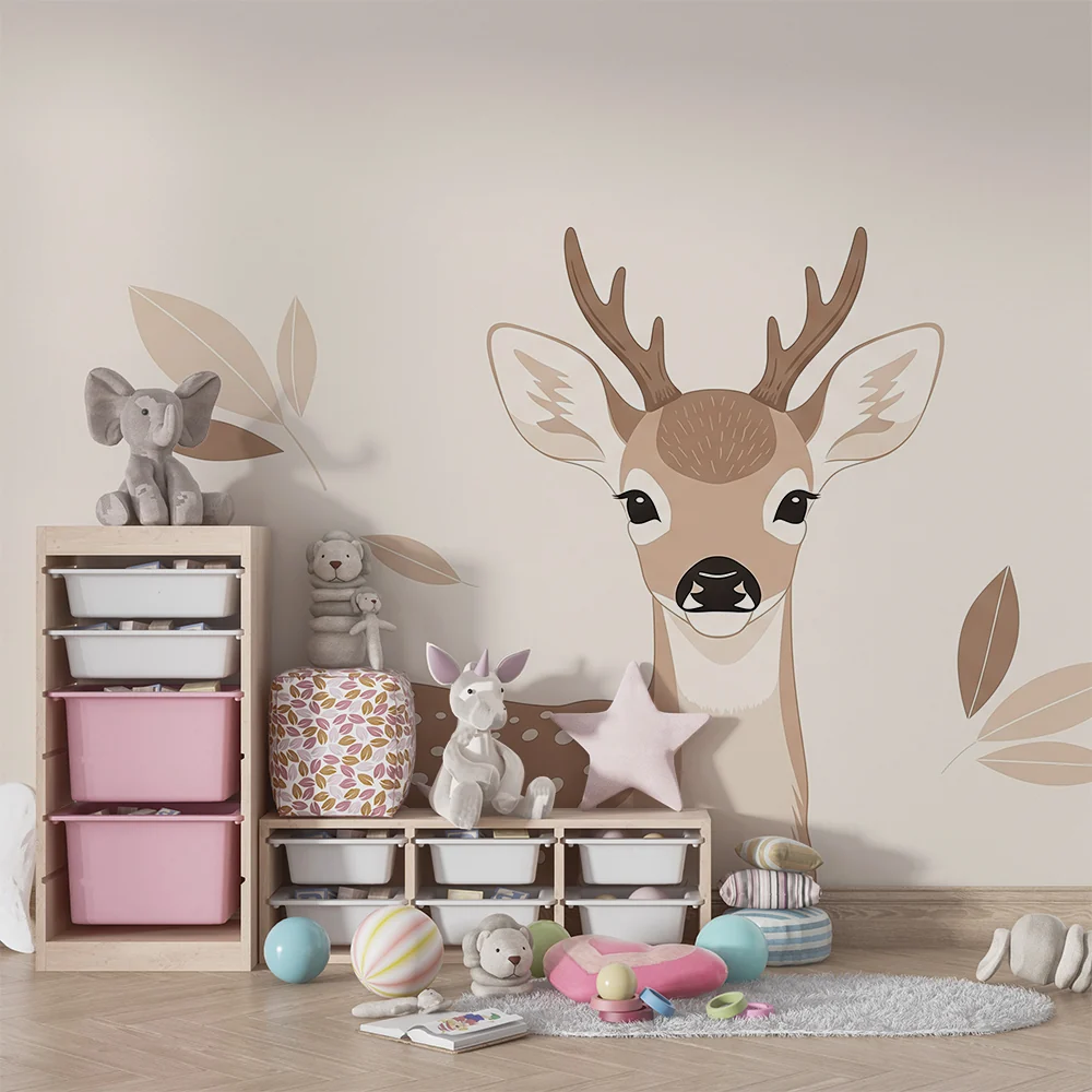 Papel de parede quarto bebê | Sladak mali jelen s nježnim lišćem