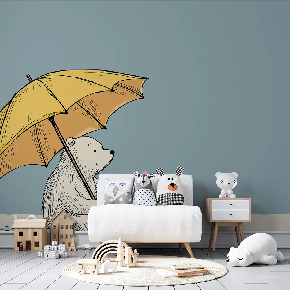 Papel de parede quarto bebê | Sladak medvjedić ispod žutog kišobrana