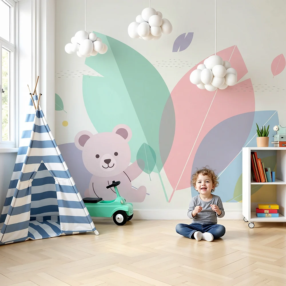 Papel de parede quarto bebê | Sladak medvjedić u pastelnim listovima