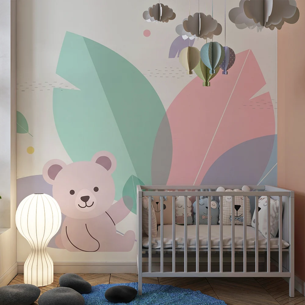 Papel de parede quarto bebê | Sladak medvjedić u pastelnim listovima