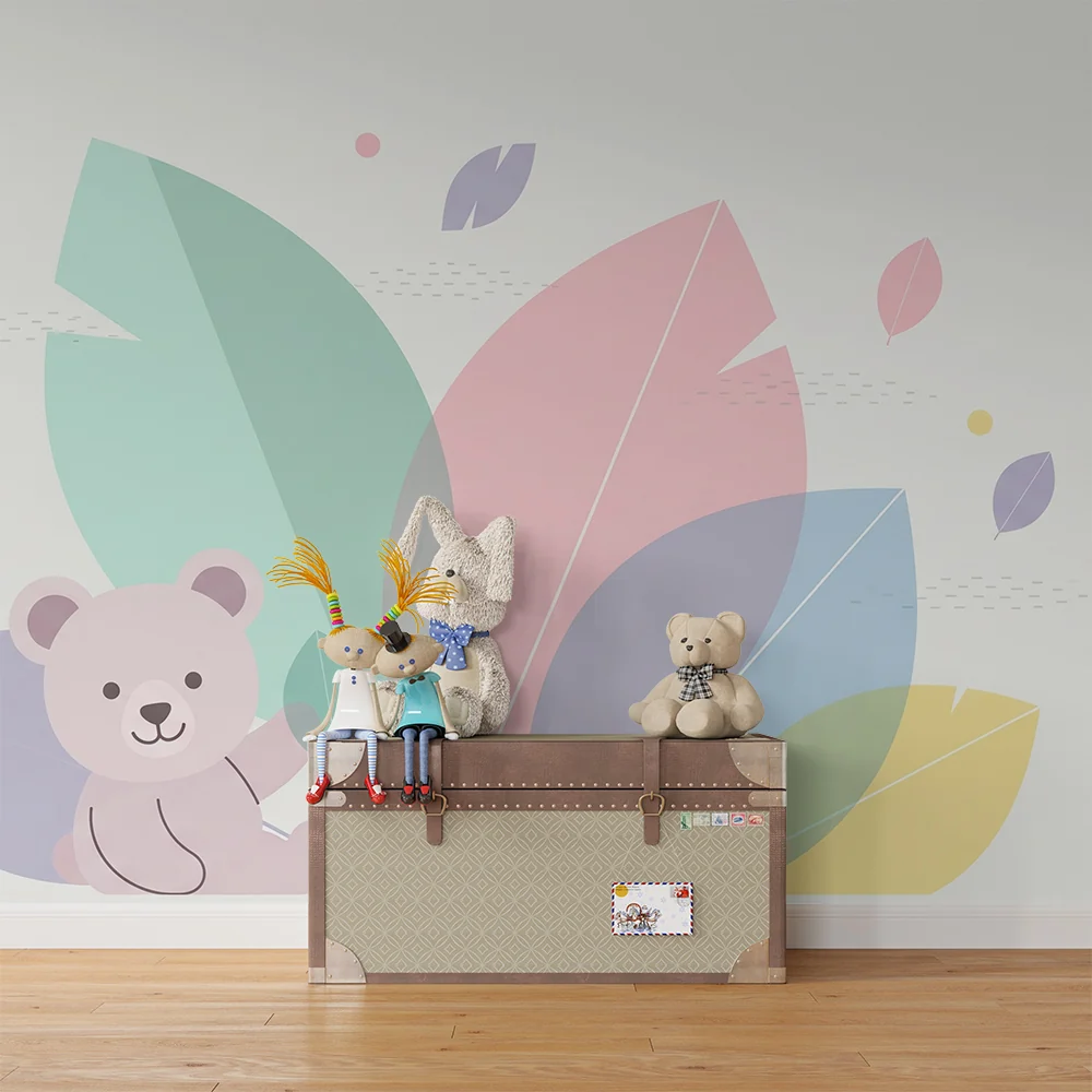 Papel de parede quarto bebê | Sladak medvjedić u pastelnim listovima