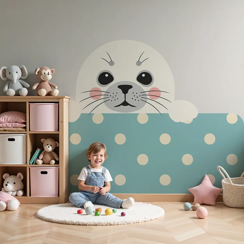 Papel de parede quarto bebê | Sladak tuljan izranja iz točkanog pozadine