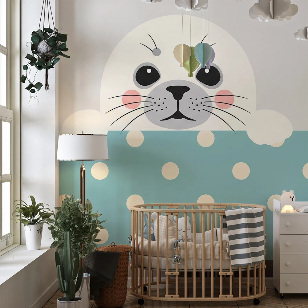 Papel de parede quarto bebê | Sladak tuljan izranja iz točkanog pozadine