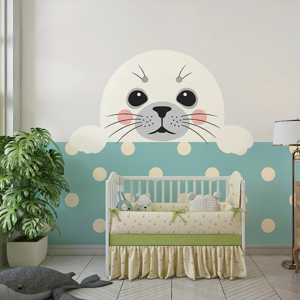 Papel de parede quarto bebê | Sladak tuljan izranja iz točkanog pozadine