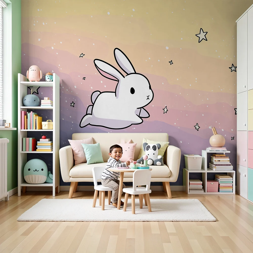 Papel de parede quarto bebê | Sladak zec u pastelnom zvjezdanom nebu