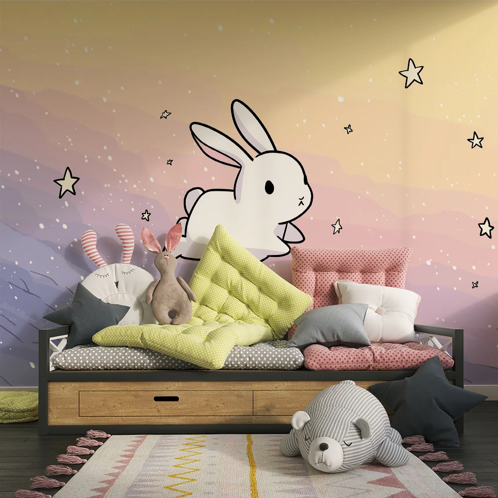 Papel de parede quarto bebê | Sladak zec u pastelnom zvjezdanom nebu