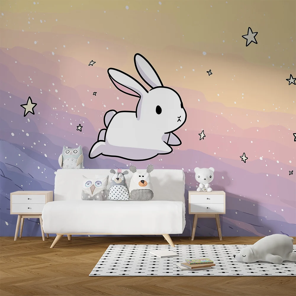 Papel de parede quarto bebê | Sladak zec u pastelnom zvjezdanom nebu