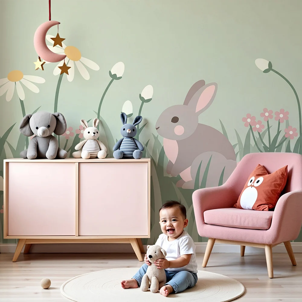 Papel de parede quarto bebê | Sladak zec u polju pastelnih cvjetova