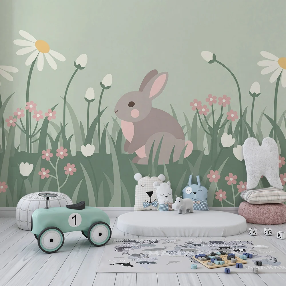 Papel de parede quarto bebê | Sladak zec u polju pastelnih cvjetova