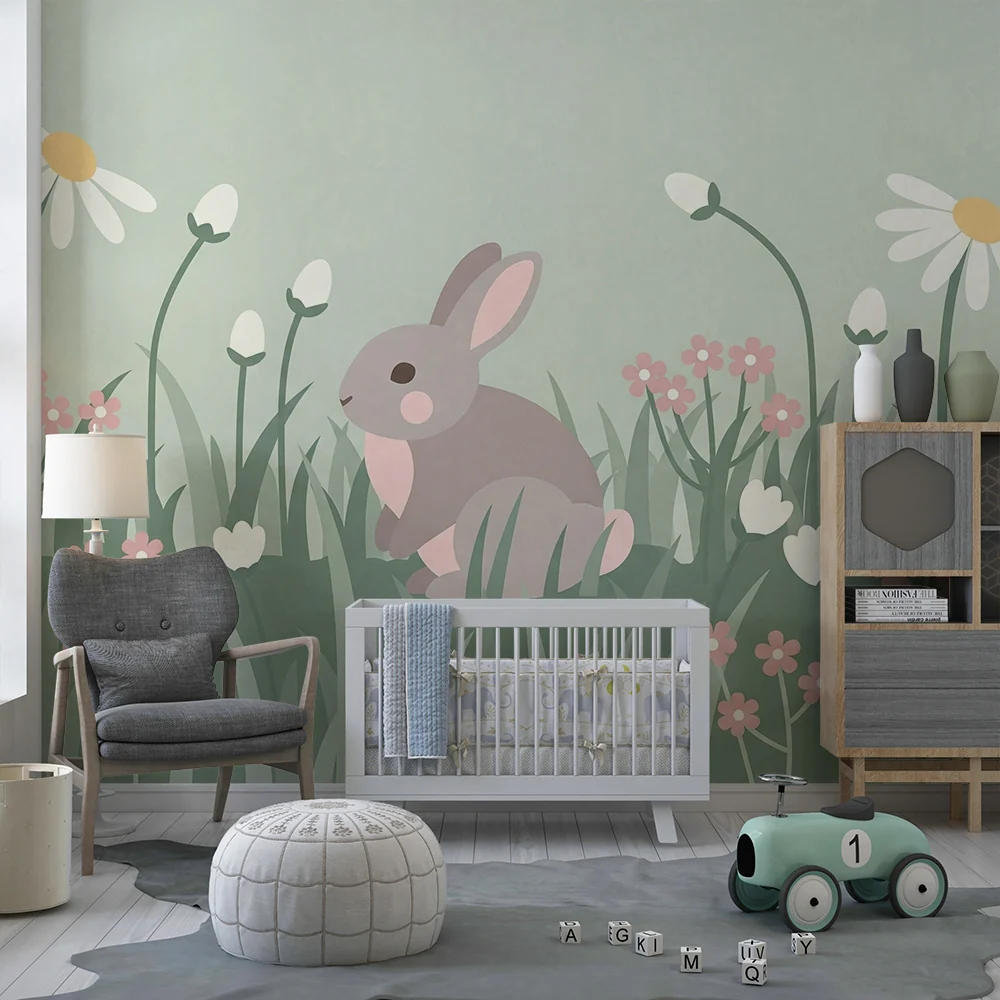Papel de parede quarto bebê | Sladak zec u polju pastelnih cvjetova