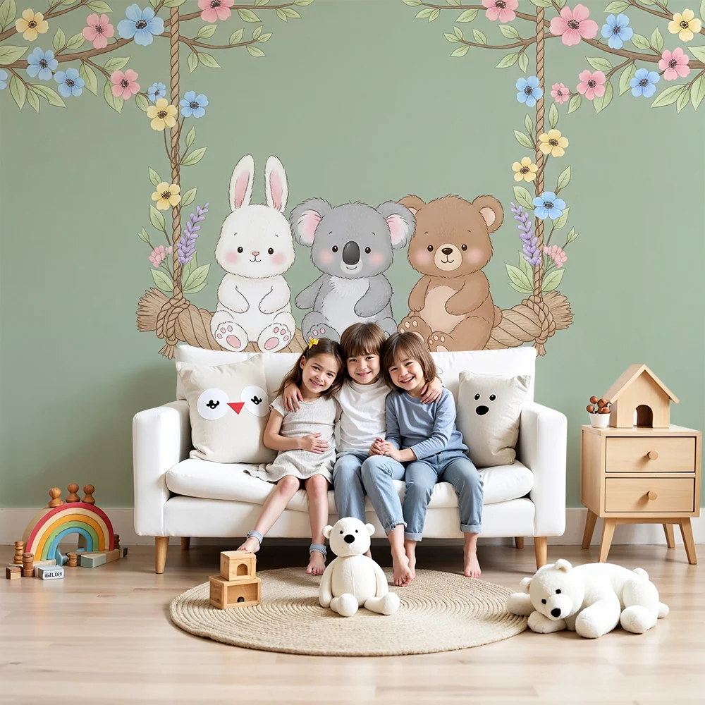 Papel de parede quarto bebê | Slatke životinje na ljuljački