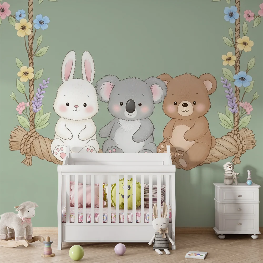 Papel de parede quarto bebê | Slatke životinje na ljuljački