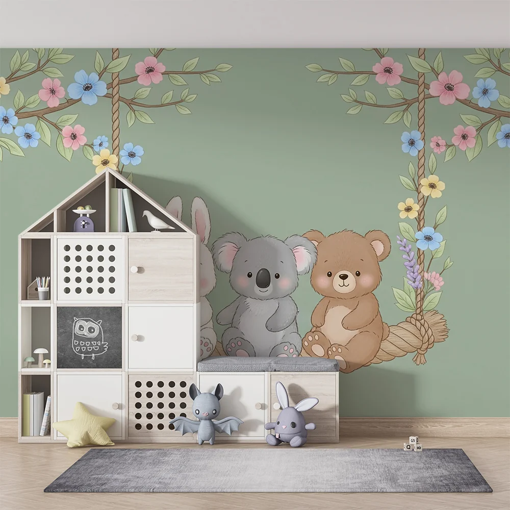 Papel de parede quarto bebê | Slatke životinje na ljuljački