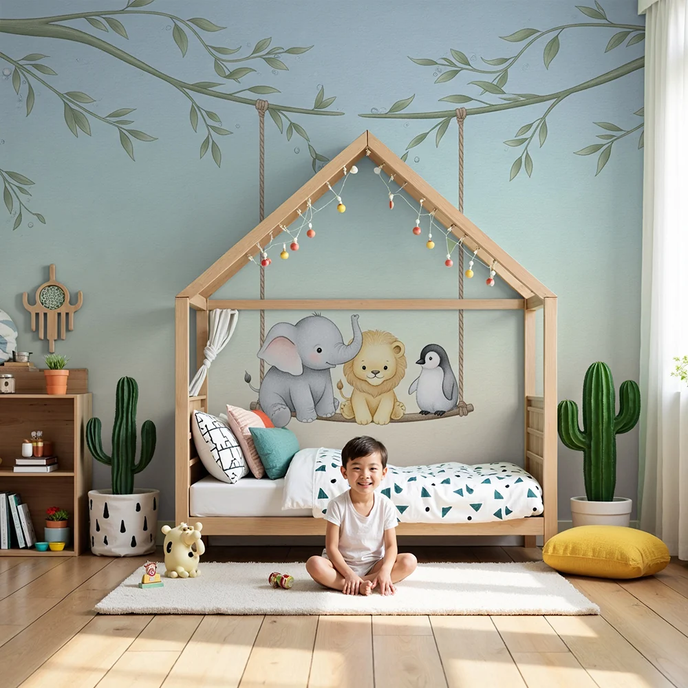 Papel de parede quarto bebê | Slatke male životinje na ljuljački