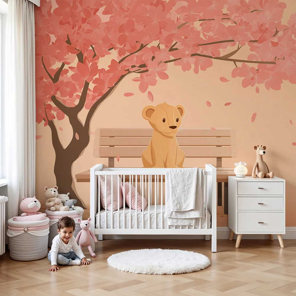 Papel de parede quarto bebê | Slatki mali lav ispod cvjetajućeg trešnjinog drveta
