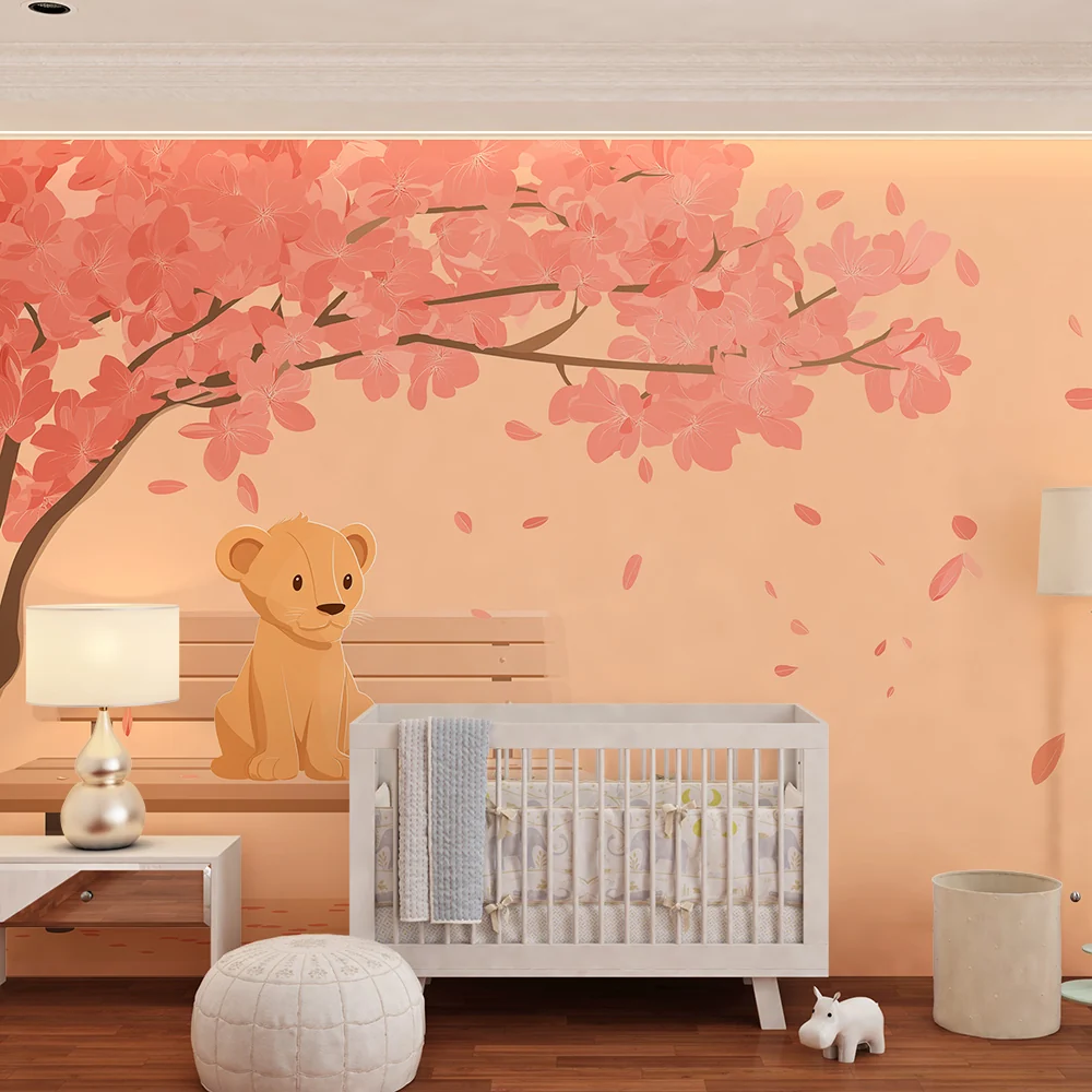 Papel de parede quarto bebê | Slatki mali lav ispod cvjetajućeg trešnjinog drveta
