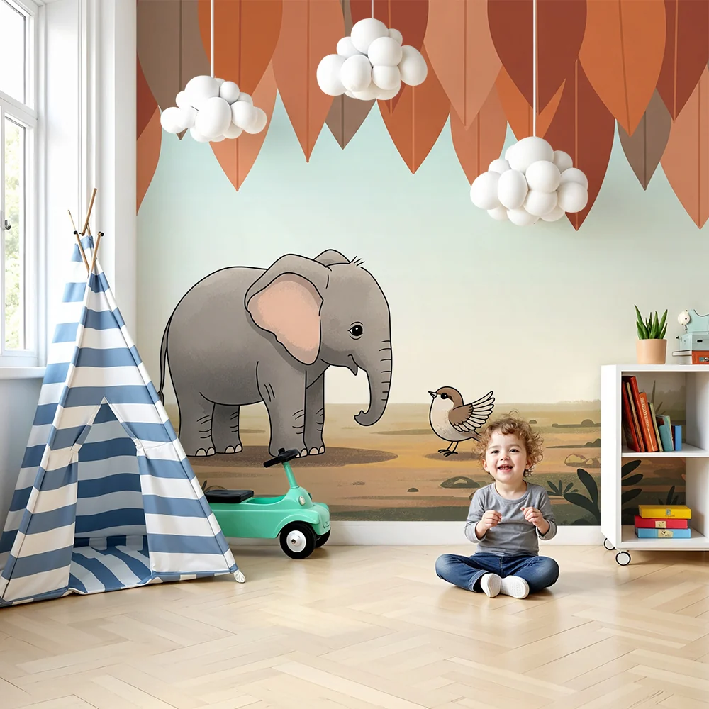 Papel de parede quarto bebê | Slon i ptica ispod šarene lišće