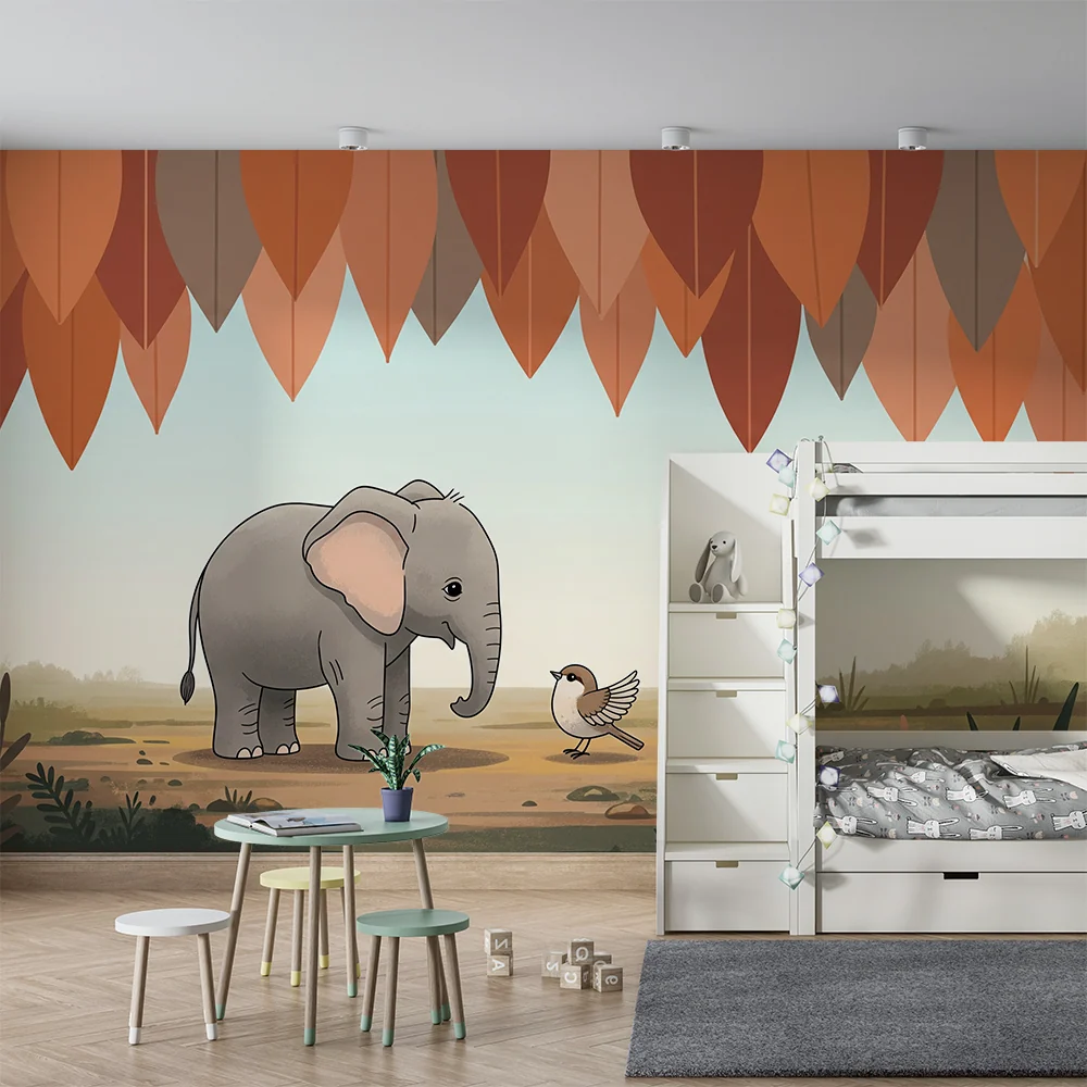 Papel de parede quarto bebê | Slon i ptica ispod šarene lišće