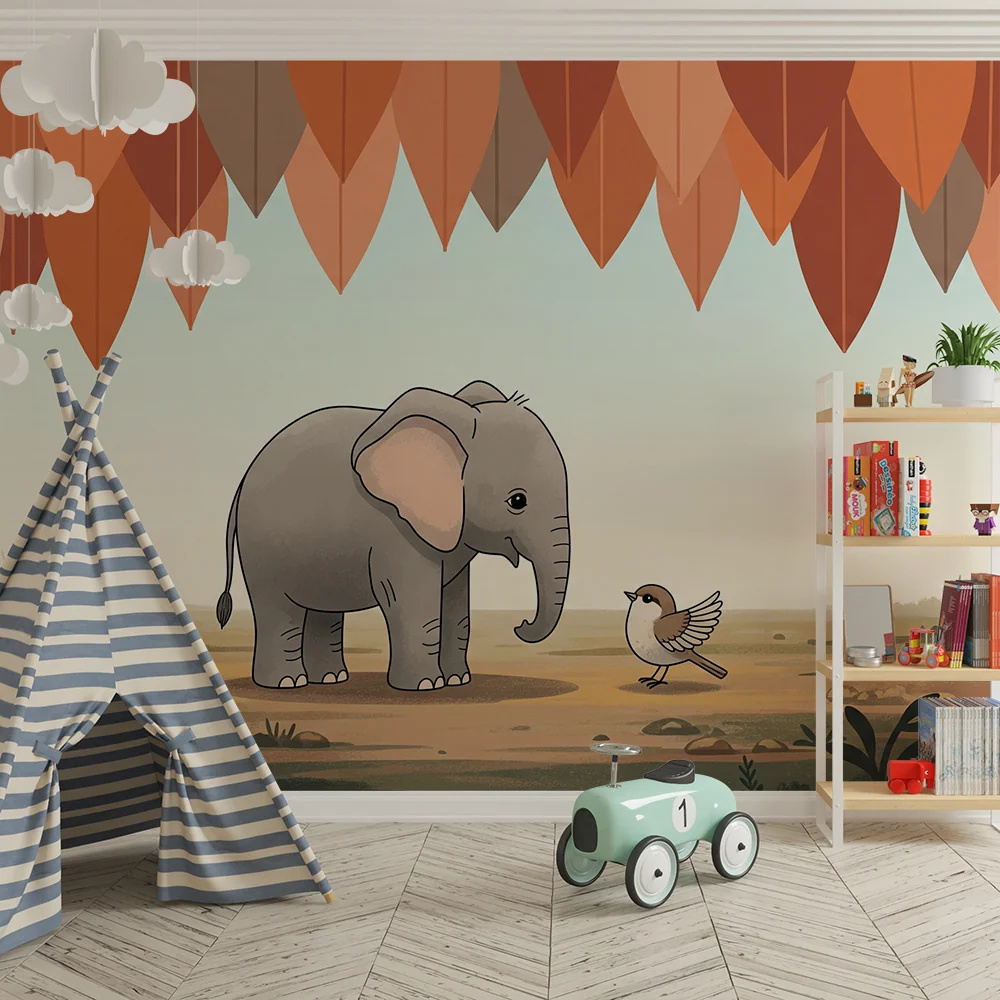 Papel de parede quarto bebê | Slon i ptica ispod šarene lišće