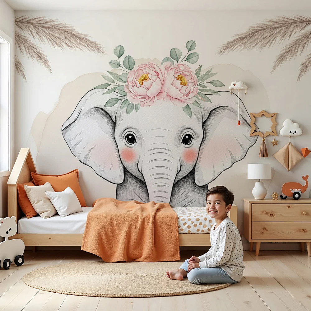 Papel de parede quarto bebê | Slončić s cvjetićima