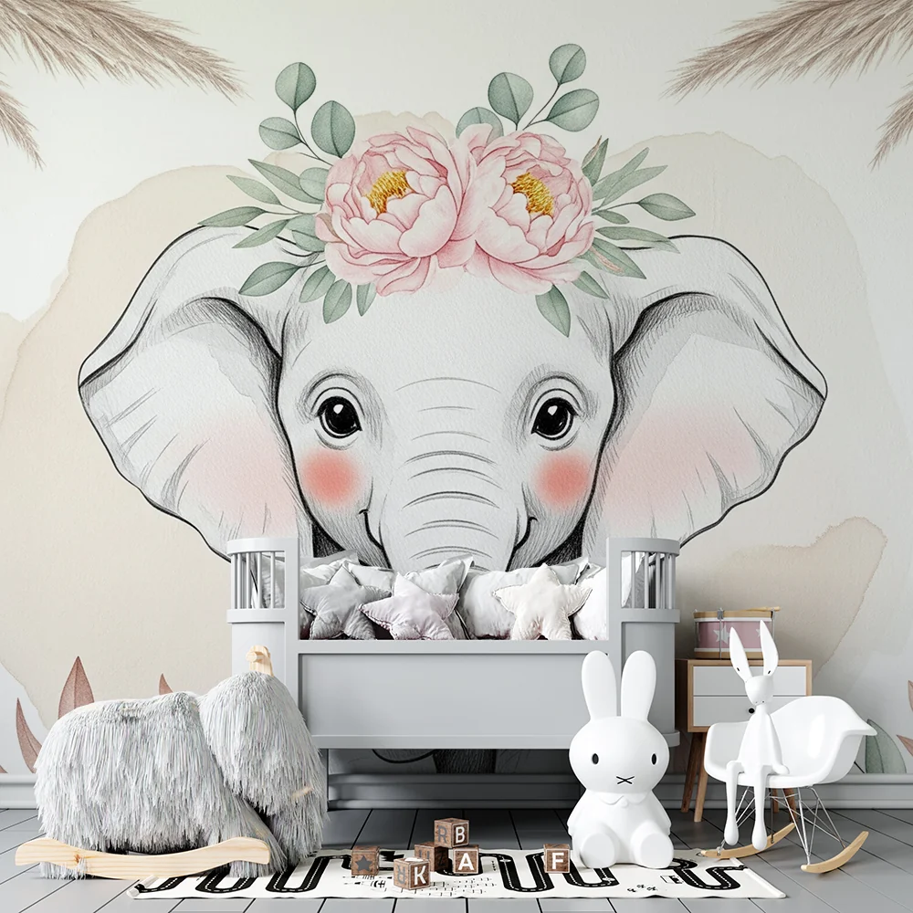 Papel de parede quarto bebê | Slončić s cvjetićima