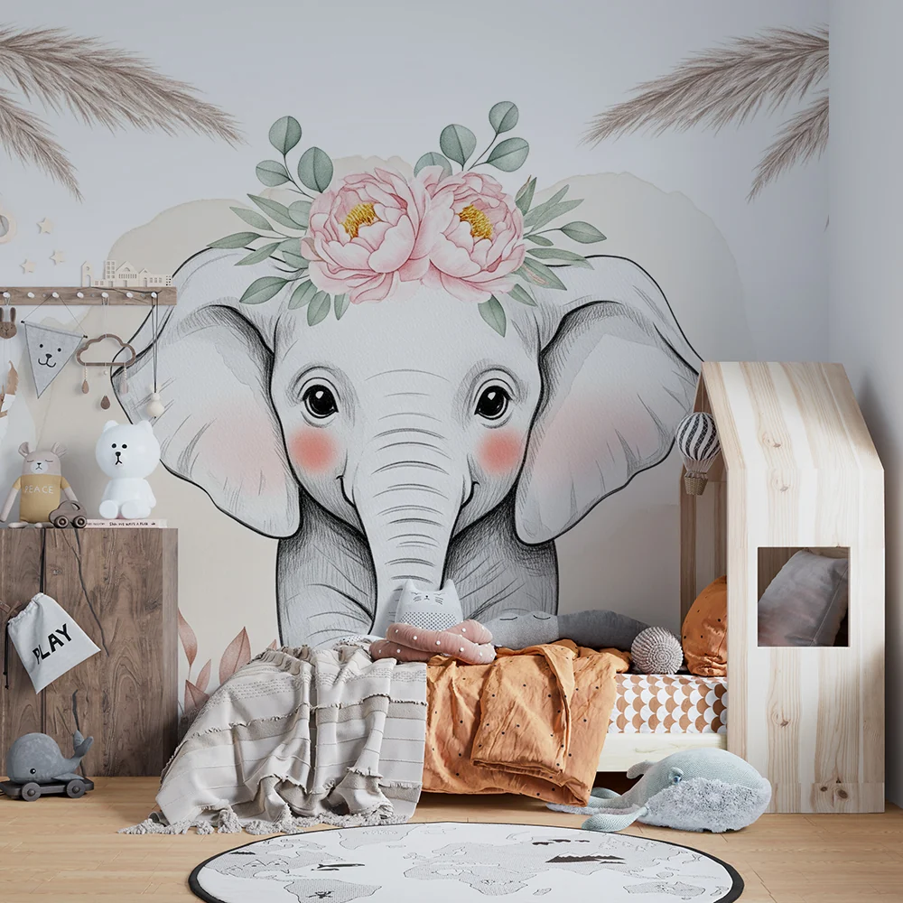 Papel de parede quarto bebê | Slončić s cvjetićima