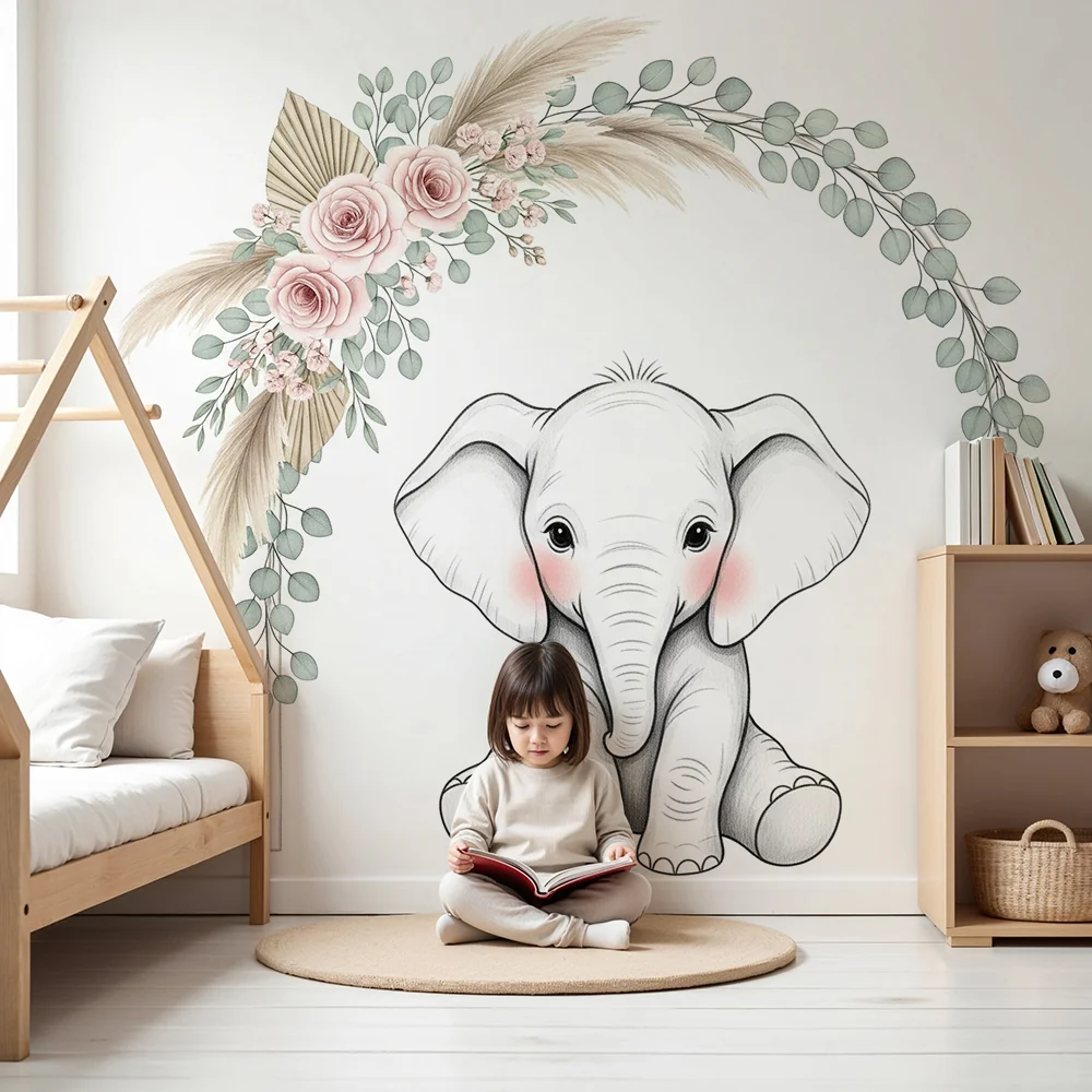 Papel de parede quarto bebê | Slončić simpatič ispod cvjetnog luka