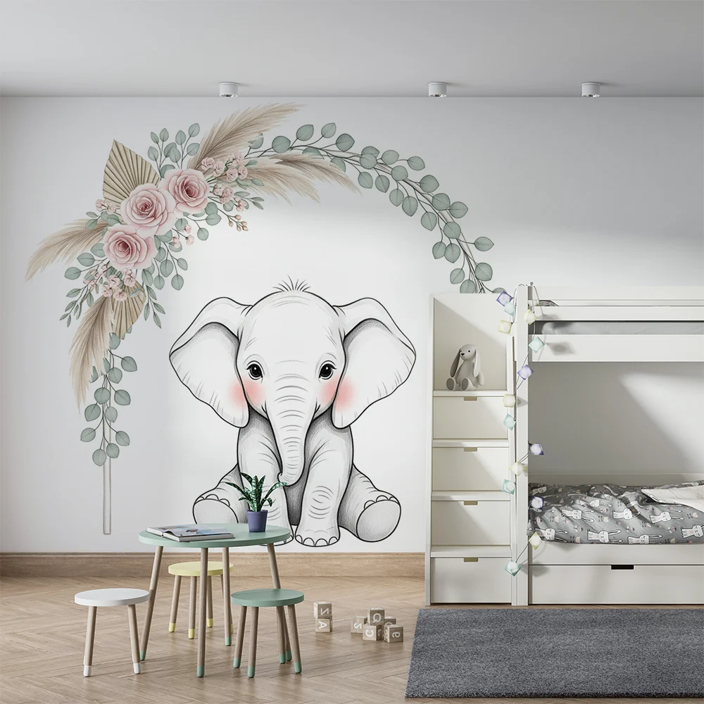 Papel de parede quarto bebê | Slončić simpatič ispod cvjetnog luka