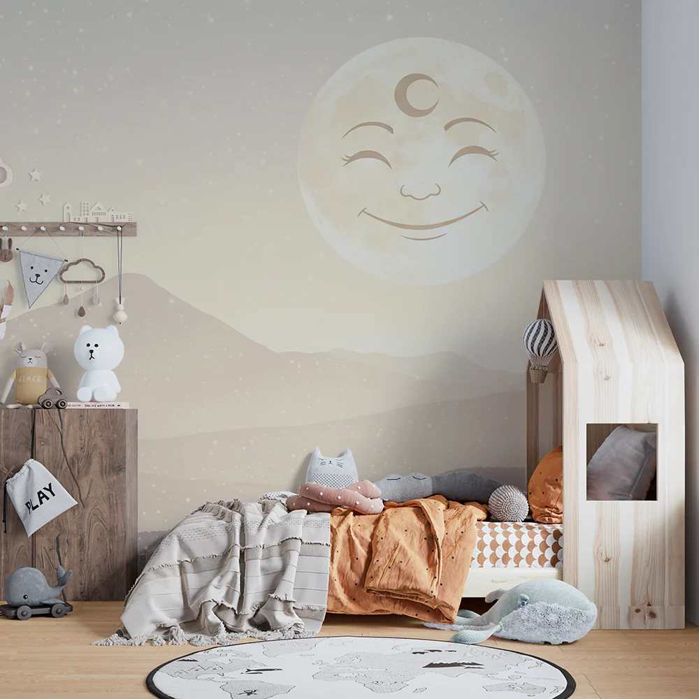 Papel de parede quarto bebê | Smiješni mjesec i nježni krajolici