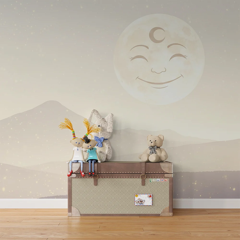 Papel de parede quarto bebê | Smiješni mjesec i nježni krajolici