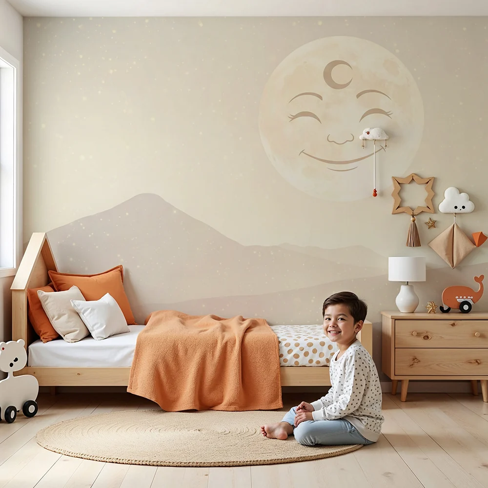 Papel de parede quarto bebê | Smiješni mjesec i nježni krajolici