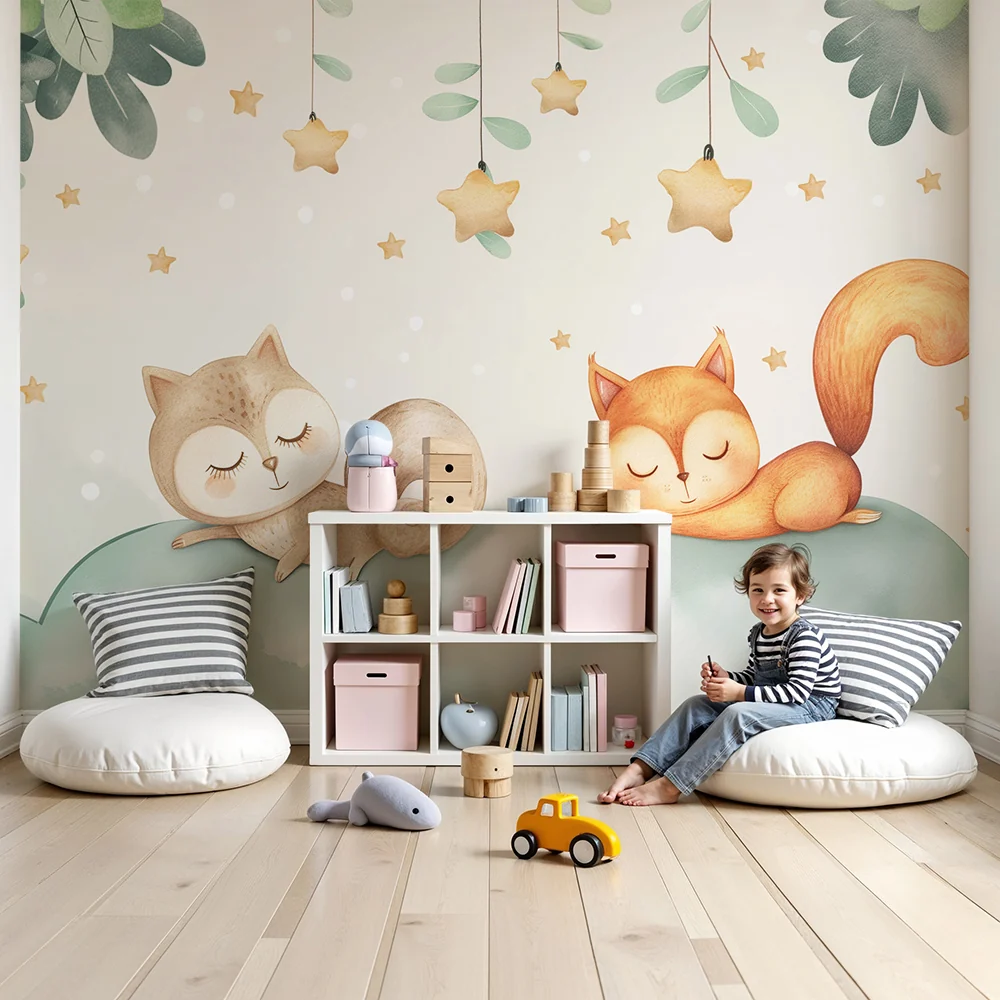 Papel de parede quarto bebê | Sova i lis spavaju na zvjezdanoj oblačici