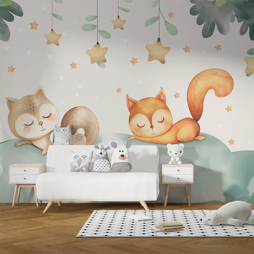 Papel de parede quarto bebê | Sova i lis spavaju na zvjezdanoj oblačici