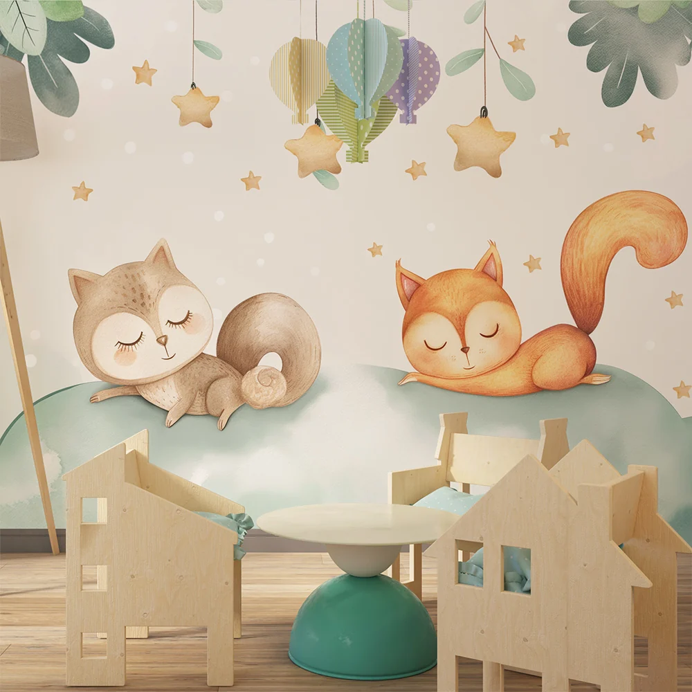 Papel de parede quarto bebê | Sova i lis spavaju na zvjezdanoj oblačici
