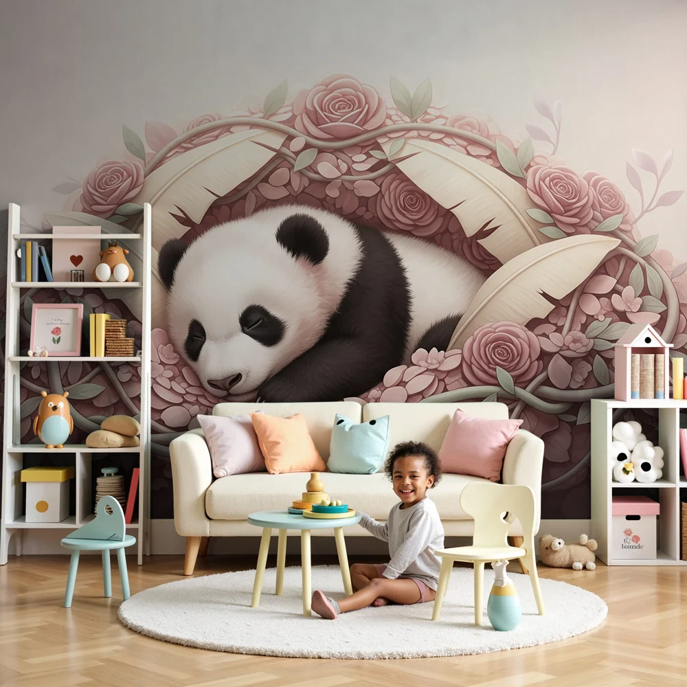 Papel de parede quarto bebê | Spavaći panda usred cvijeć