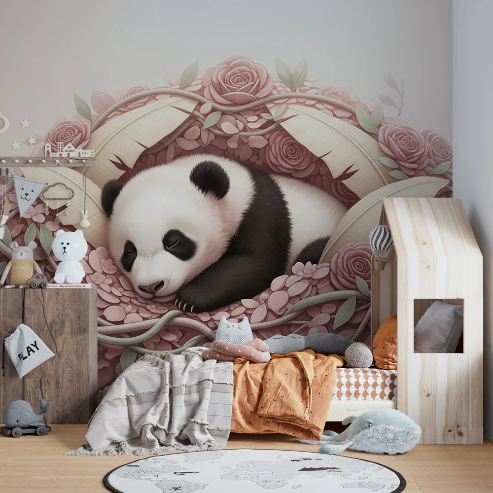 Papel de parede quarto bebê | Spavaći panda usred cvijeć