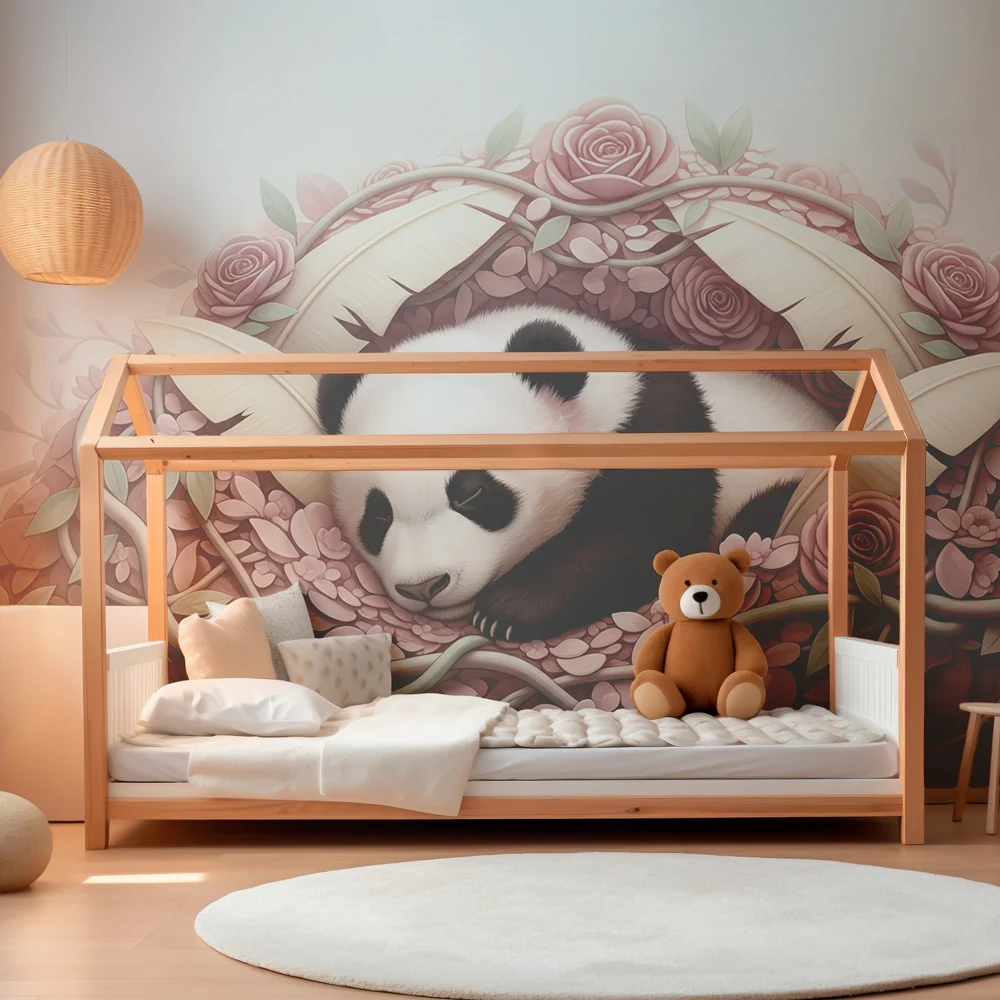 Papel de parede quarto bebê | Spavaći panda usred cvijeć