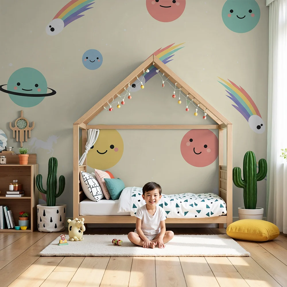 Papel de parede quarto bebê | Sretan svemir s planetima i šarenim jednorozima